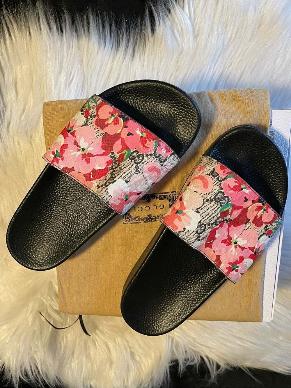 Gucci Black Slide Sandals with Pink Floral Strap